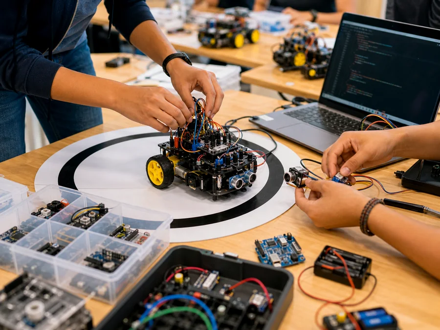 Jóvenes construyendo y programando robots móviles.
