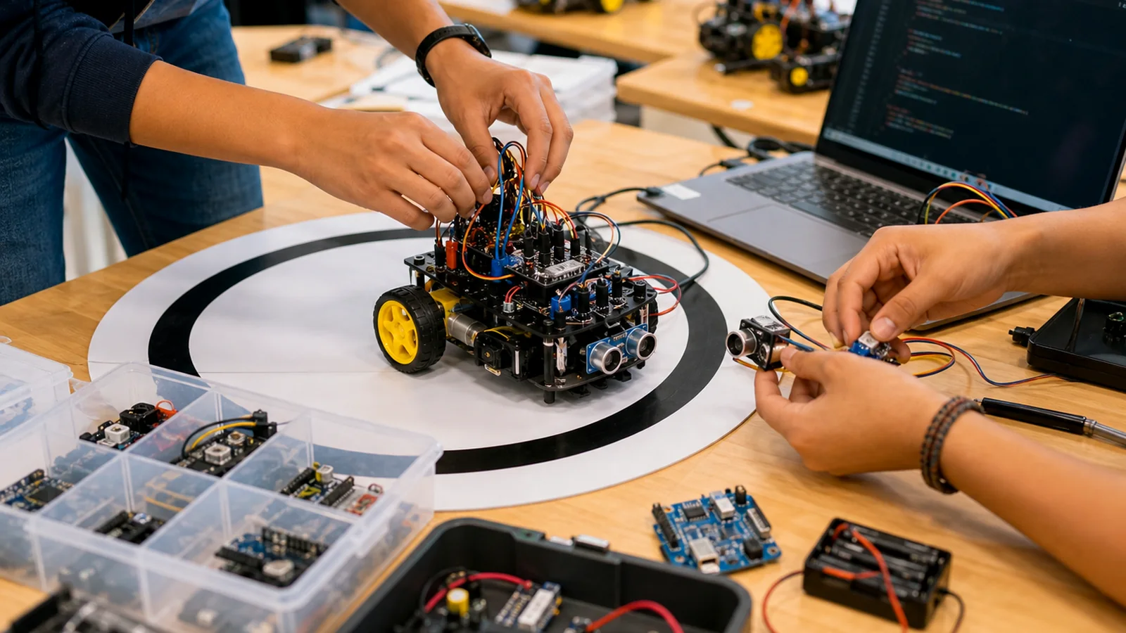 Jóvenes trabajando en prototipos de robótica móvil.