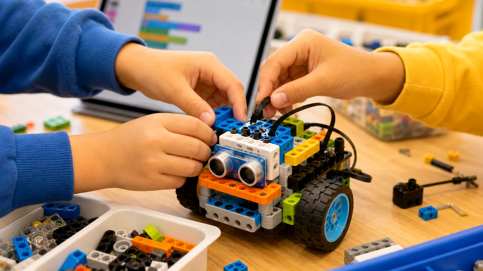Ni&ntilde;as y ni&ntilde;os participando en actividades l&uacute;dicas de rob&oacute;tica.