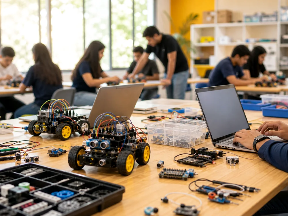 Estudiantes construyendo un robot m&oacute;vil en una sesi&oacute;n de rob&oacute;tica educativa.