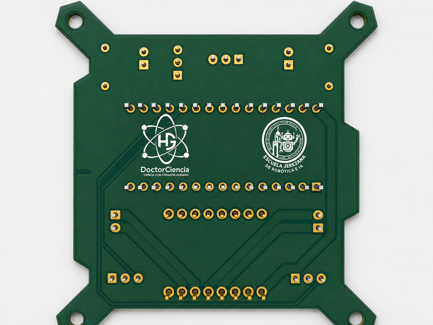 Reverso de PCB DoctorCiencia con los logos de la Escuela Jerezana de Rob&oacute;tica e IA y DoctorCiencia.