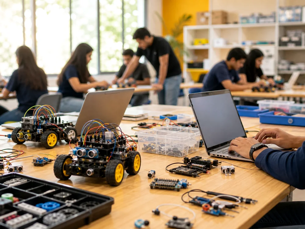Laboratorio de robótica educativa con mesas, laptops, kits y pista de pruebas.